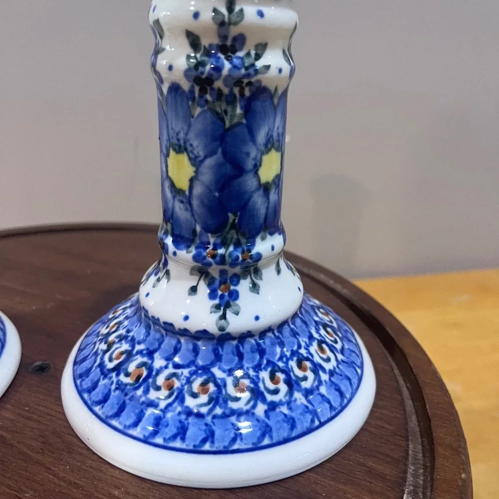 Vtg Polish Pottery Boleslawiec Unikat Blue Floral Candle Holders M Czonka Pair